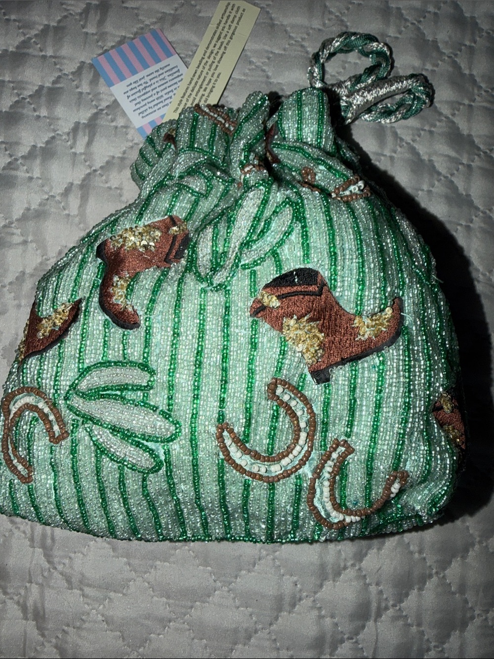 Beaded Green Cowboy Boot & Horseshoe Drawstring Evening Bag - Picture 7 of 7